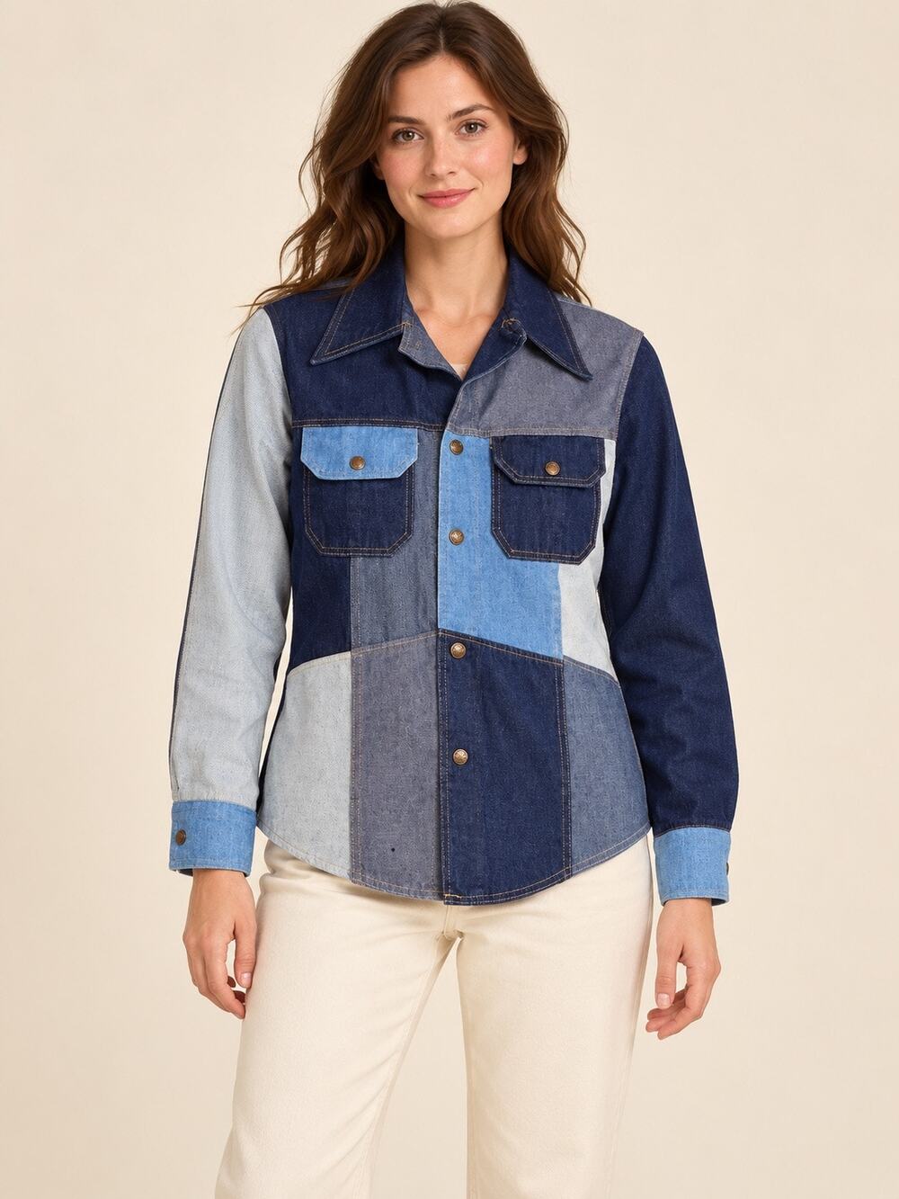 Vintage Patchwork Denim Shirt Jacket Blue Snap Front Pointed Collar